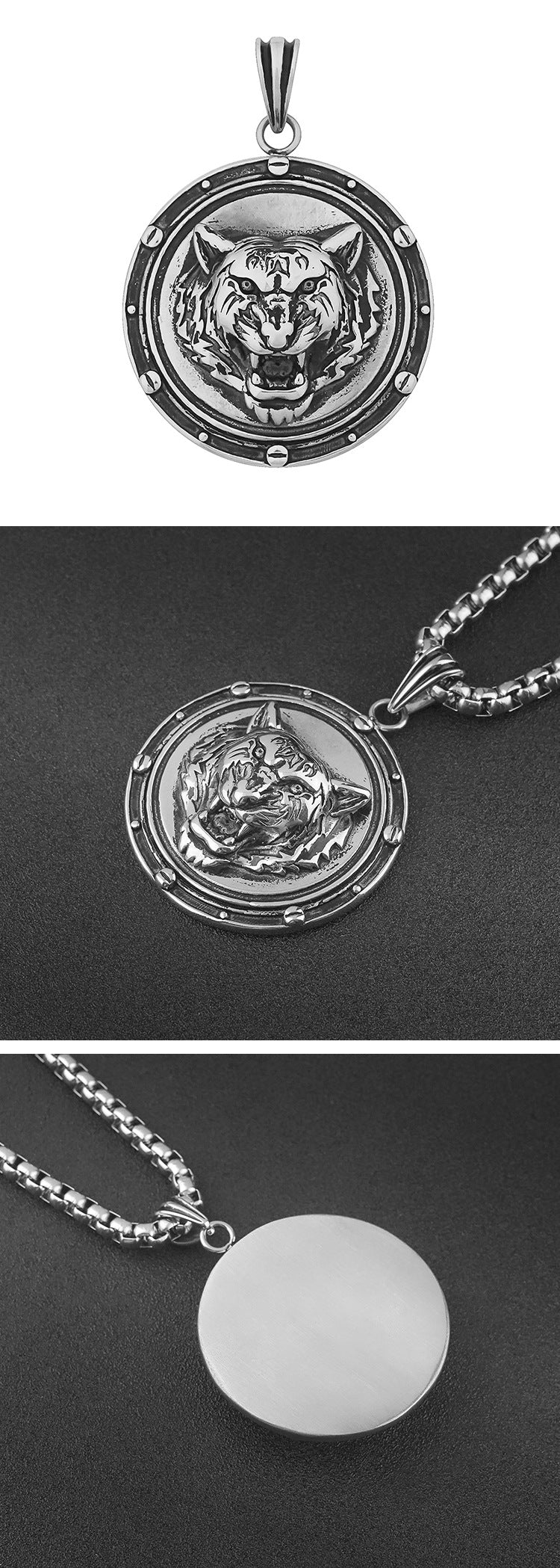Domineering Personality Tiger Stainless Steel Pendant Titanium Steel Trendy Cool European and American Hip-Hop Animal Round Pendant Necklace Wholesale