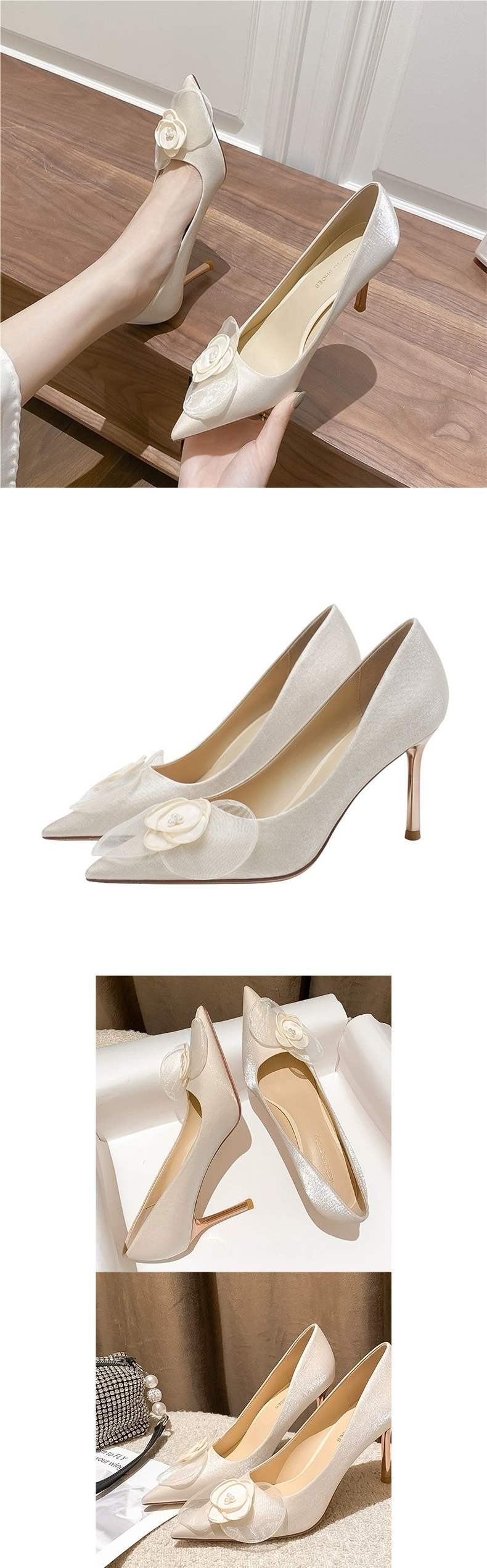 Champagne French Wedding Shoes for Women2025New Year's Bride and Bridesmaid Shoes, Comfortable Thin Heel High Heels with Unique Design