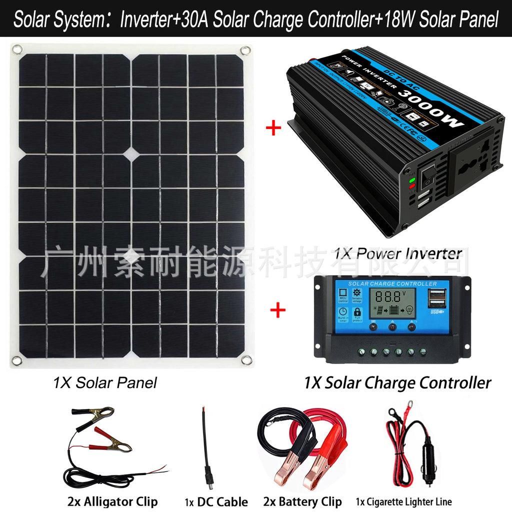 Tang Dynasty Solar Energy Kit System：DC12V 300W Inverter+30A Controller+18W Solar Panel