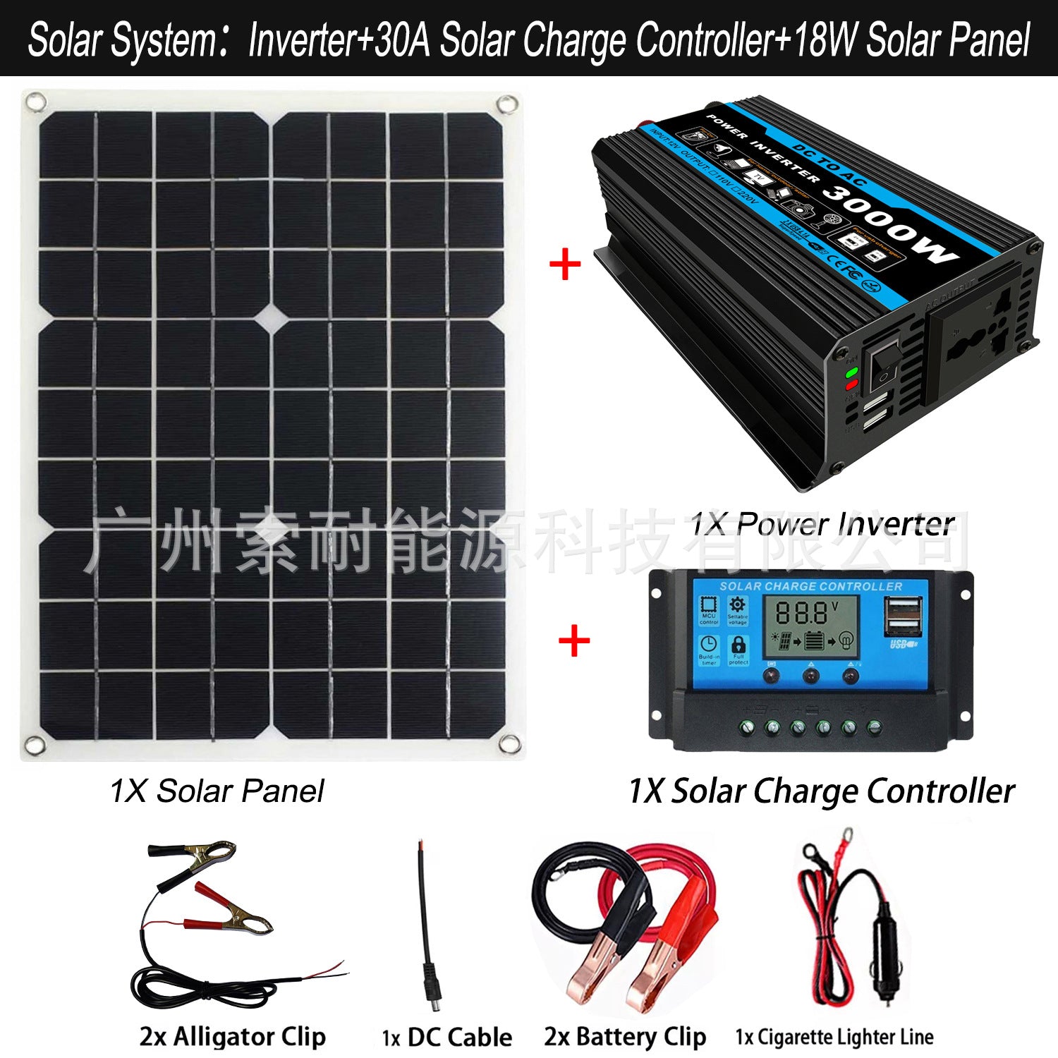 Tang Dynasty Solar Energy Kit System：DC12V 300W Inverter+30A Controller+18W Solar Panel