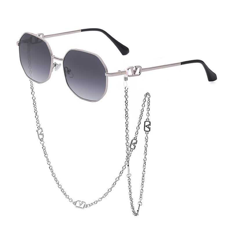 Chain Sunglasses for Women, Internet Celebrity Style, Anti-Drop Chain, Irregular Polygonal Full Frame Sunglasses for Women, Trendy