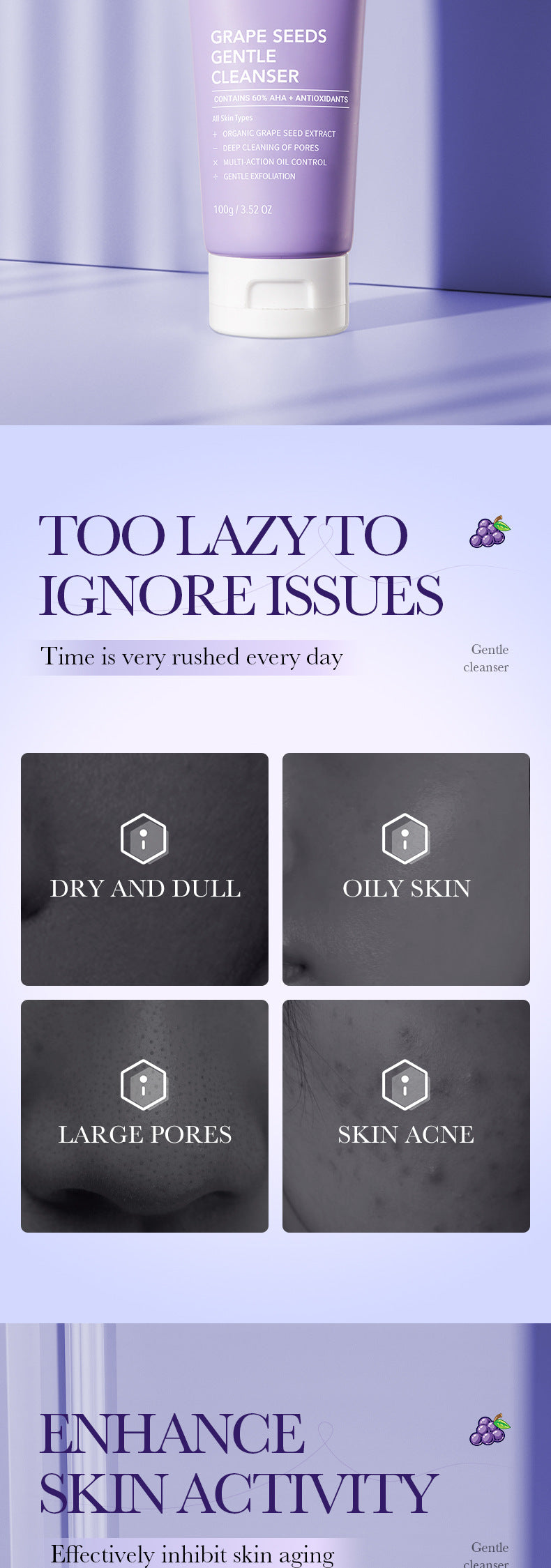 Grape Seed Skin Care Series SADOER Mild and Moisturizing Facial Cleanser, Skin Rejuvenating Eye Cream, Cross-Border Wholesale