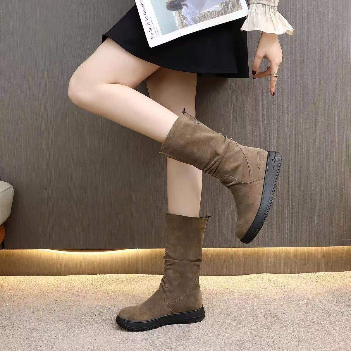 Thick-Soled Non-Slip Suede High Boots for Women, Thick Fleece Winter Mid-Calf Boots, Flat Snow Boots, Warm Cotton Shoes, Martin Boots