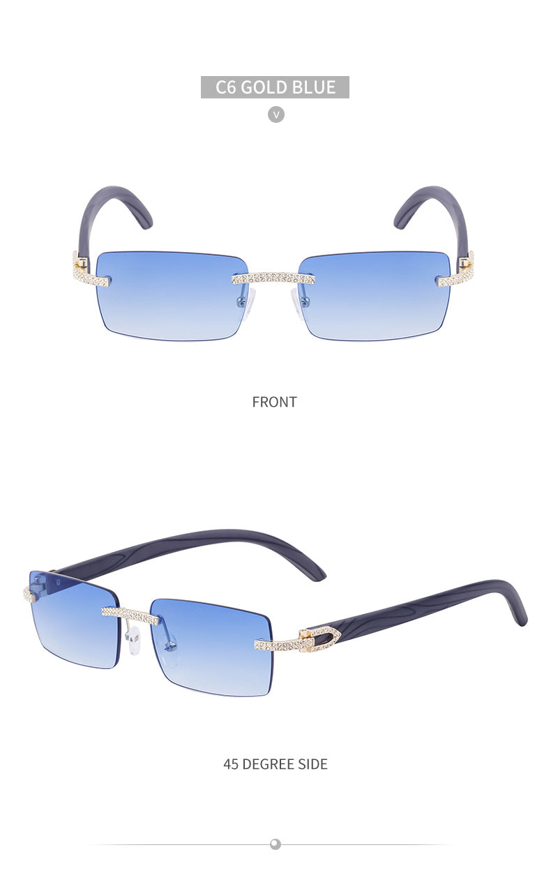 European and American Retro Frameless Men's Sunglasses with Diamond Inlay and Wood Grain Temples New Style Glasses Wholesale shades