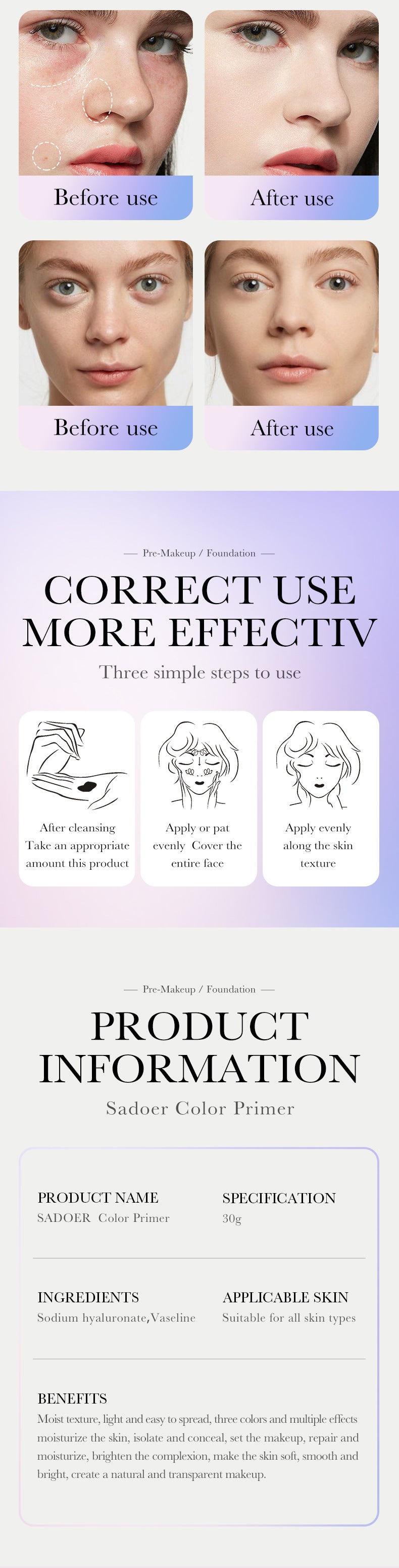 Makeup SADOER Three Color Rainbow Isolation Cream Contour Concealer Refreshing Primer  Wholesale