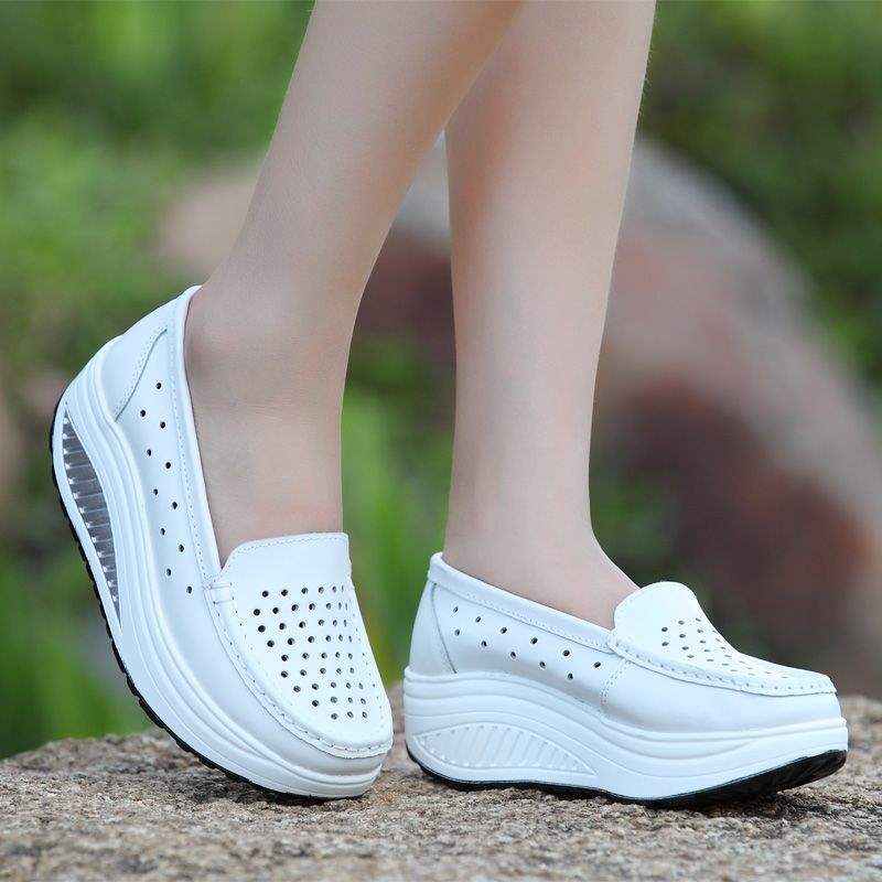 Platform Shoes for Women Thick Sole Nurse Shoes Wedge Mom Shoes High Heel White Soft Sole Work Shoes Travel Single Shoes Rocking Shoes