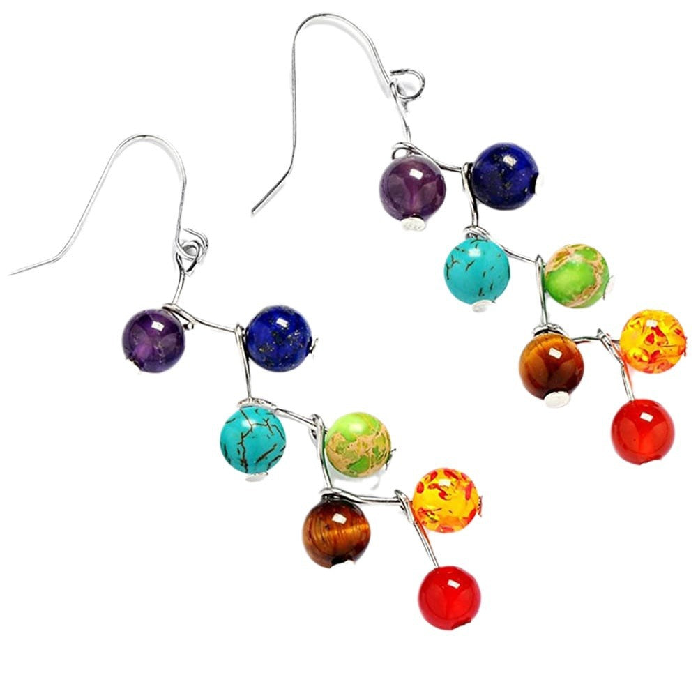 Women's Colorful Earrings with High-end Design and Personality6mm Beaded Amethyst Tiger Stone Agate Lapis Lazuli Curved Needle Earrings