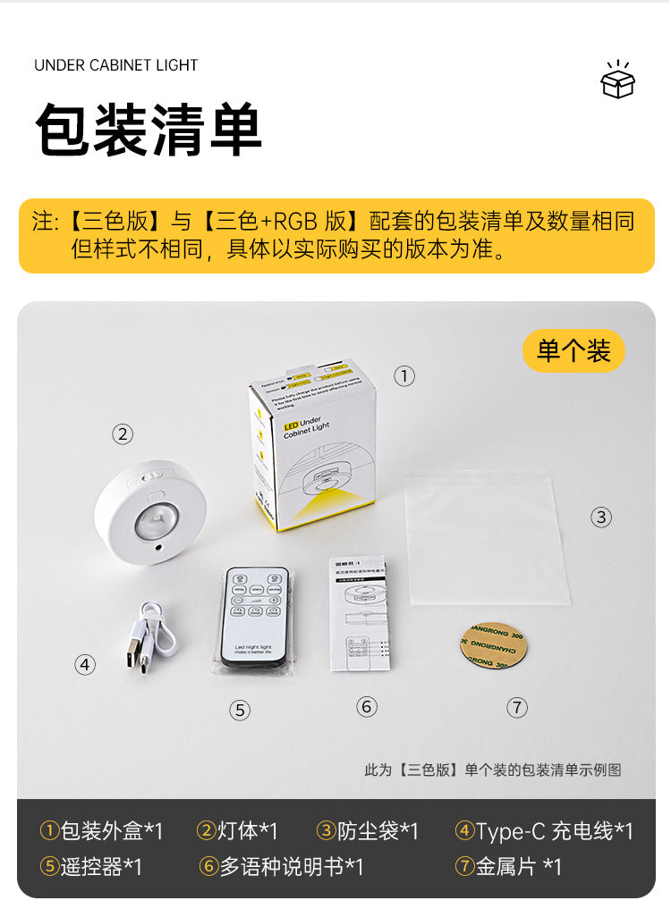 Charging led Cabinet Light Magnetic Suction Wine Cabinet Wardrobe Light Remote Control RGB Ice Hockey Light Wiring-Free Large Cat Eye Light