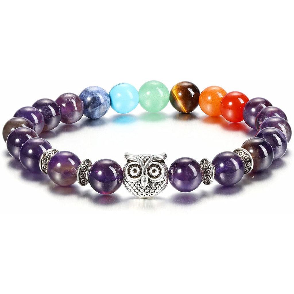 Colorful Tiger Eye Owl Bracelet Natural Stone8mm Bead Spacer Bracelet Volcanic Pink Crystal Owl Bracelet