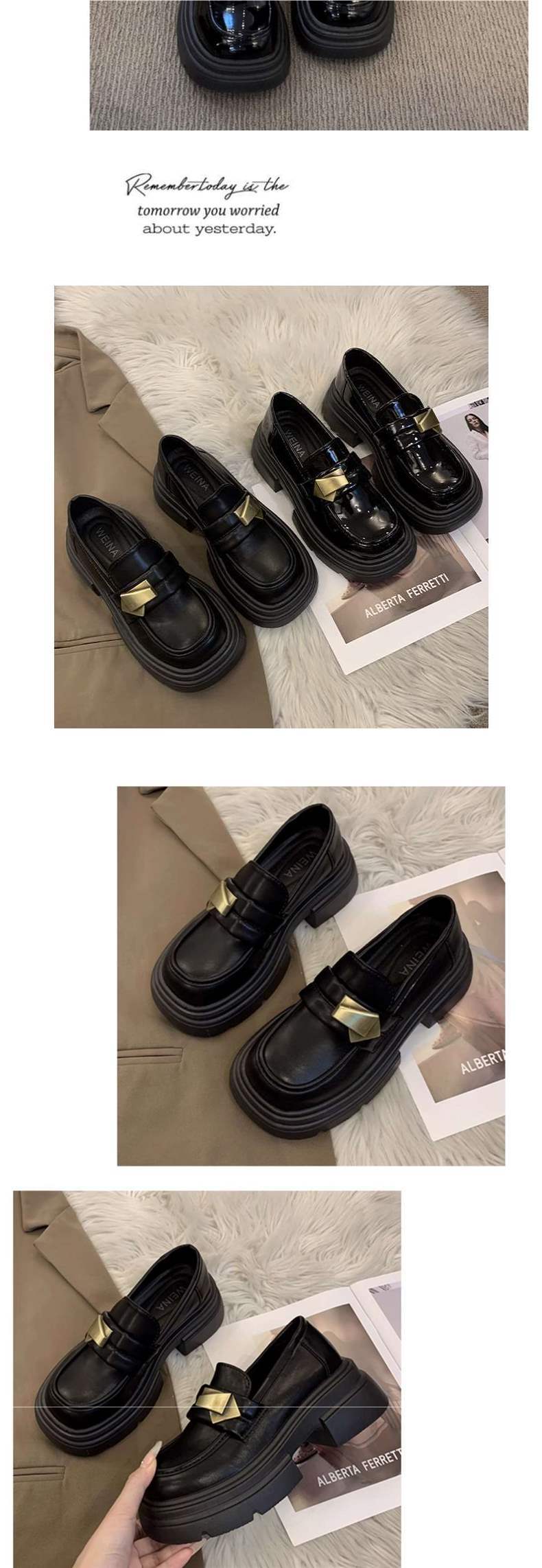 Black Thick Sole Heightening Loafers Women's Shoes2025Spring New Slip-On Shoes British Style Big Toe Small Leather Shoes