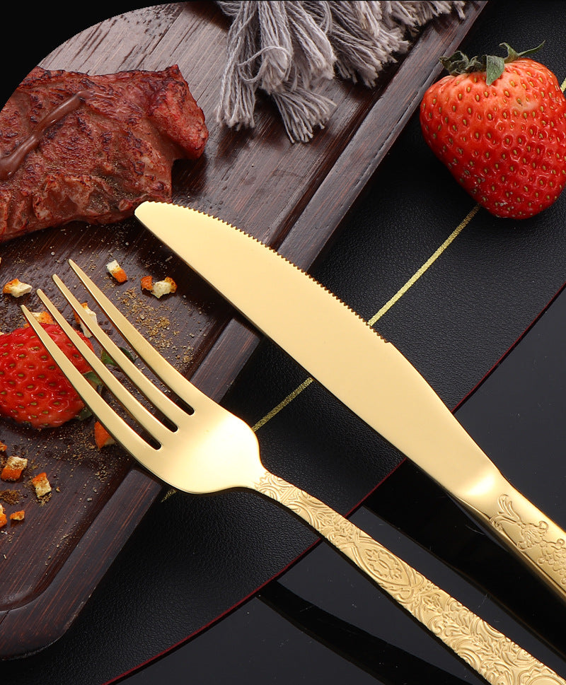 410Stainless Steel Tableware Hotel Restaurant Totem Pattern Knife Fork Spoon Four-Piece Set Western Steak Knife Fork24Set