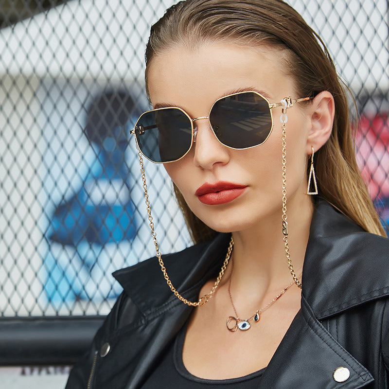 Chain Sunglasses for Women, Internet Celebrity Style, Anti-Drop Chain, Irregular Polygonal Full Frame Sunglasses for Women, Trendy