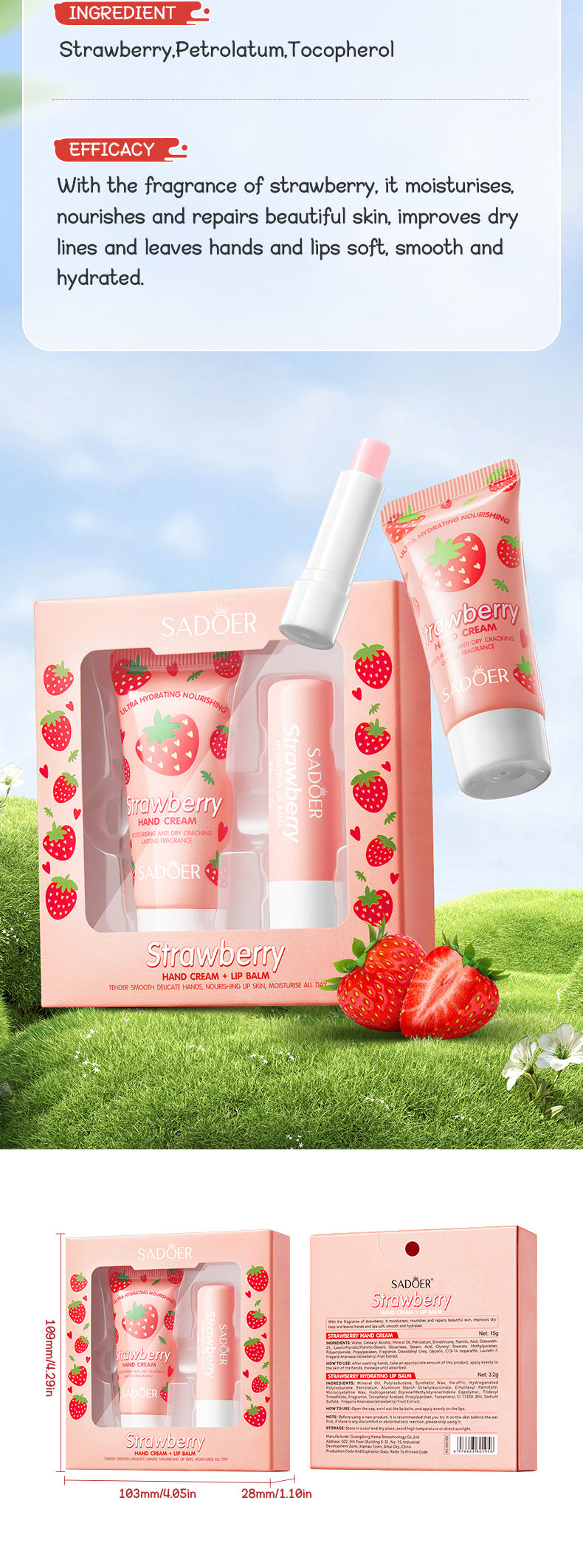 Full English Strawberry Hand Cream Lip Balm Set SADOER Nourishing Autumn and Winter Hand Cream Lip Balm  Wholesale