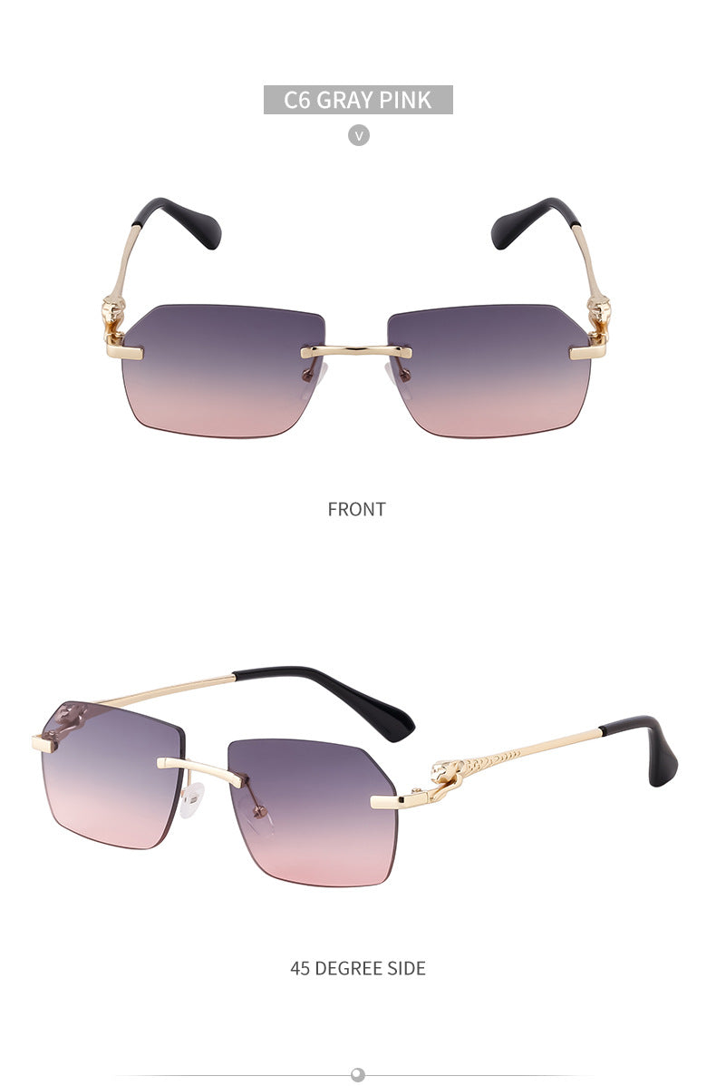 European and American Frameless Cut Edge Leopard Temple Sunglasses for Men Retro Square Frame Driving Sun Protection Sunglasses Wholesale Glasses