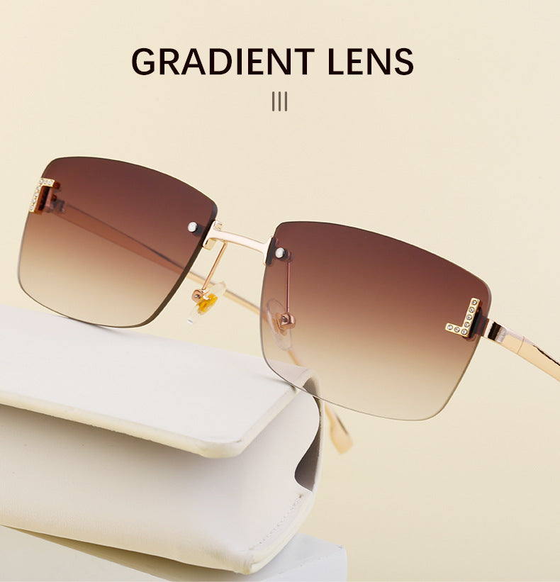 【Customization】European and American Frameless Cut Edge Sunglasses with Rhinestones Square Frame Sunglasses for Women sunglasses