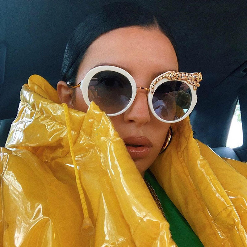 2025New Anti-Blue Light Glasses for Women Leopard Head Diamond-Studded European and American Round Frame Sunglasses Trendy Large Frame Sunglasses High-End Feel