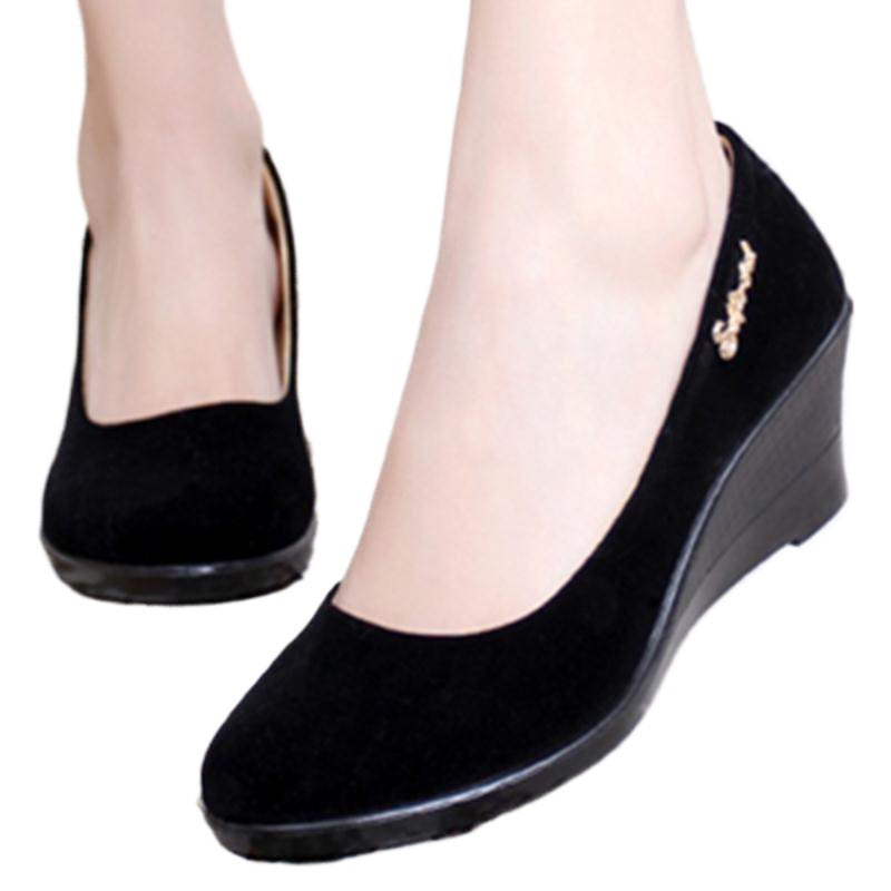 Spring and Autumn Old North Cloth Shoes Women's Shoes Single Shoes Wedge Flat Hotel Workwear High Heel Black Work Shoes Dance Shoes Women