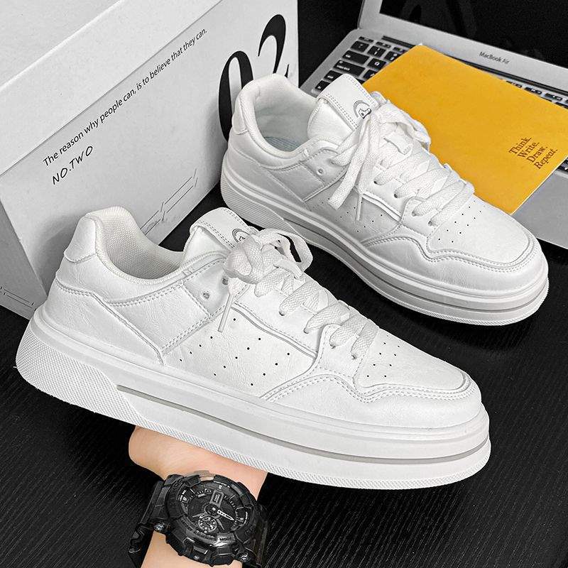 Internet Celebrity Men's Shoes Winter Versatile Casual Trendy Brand Sneakers Leather Waterproof Student Sports Height-Increasing White Trendy Shoes