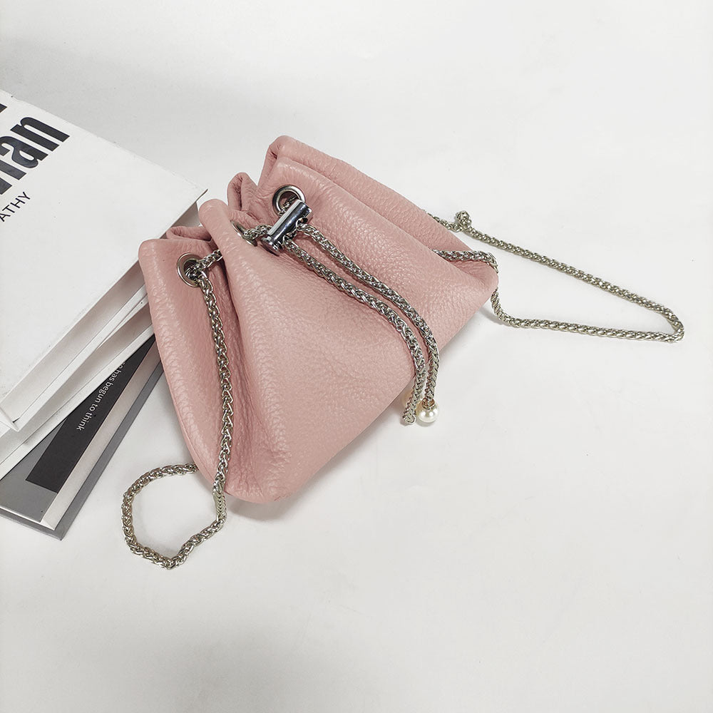 Niche Genuine Leather Bucket Bag for Women2024New Mini Small Bag Top Layer Cowhide Autumn Chain Shoulder Crossbody Bag