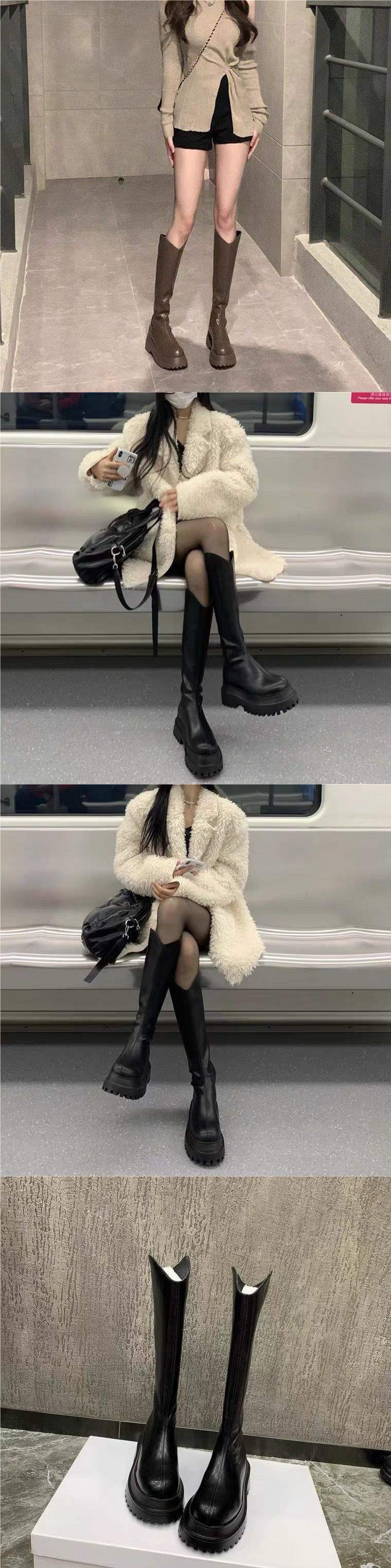 Spicy Girl Knight Long Boots2025New Women's Boots for Autumn and Winter, Thick-Soled Height-Increasing Leather Boots, High-Tube Elastic Slim Boots