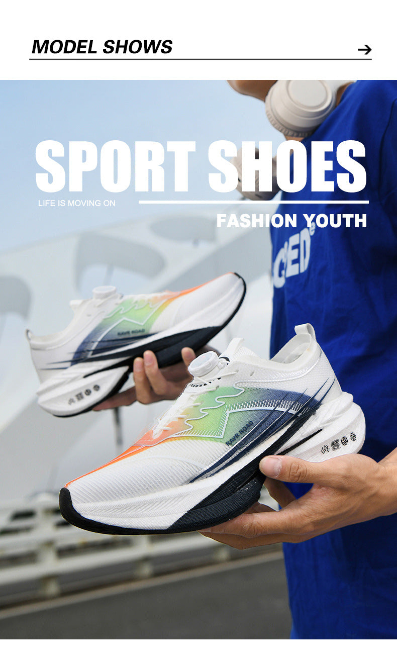 Summer New Hollow Breathable Rotating Buckle Racing Running Shoes Full Palm Carbon Plate Thick Sole Cushioning Sports Shoes