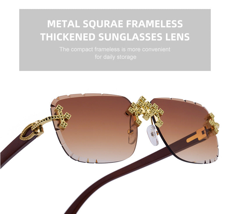 2025New European and American Retro Frameless Sunglasses for Men with Diamond Cut Edge and Imitation Wood Grain Temples Wholesale