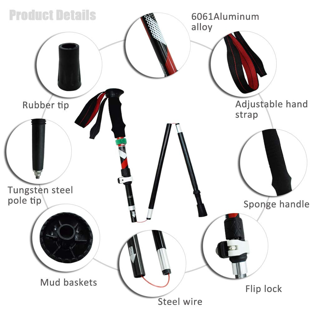 Jituo Hiking Pole Aluminum Alloy Three-Section Foldable Telescopic Walking Stick Non-Slip Portable Outdoor Canopy Tent Support Rod
