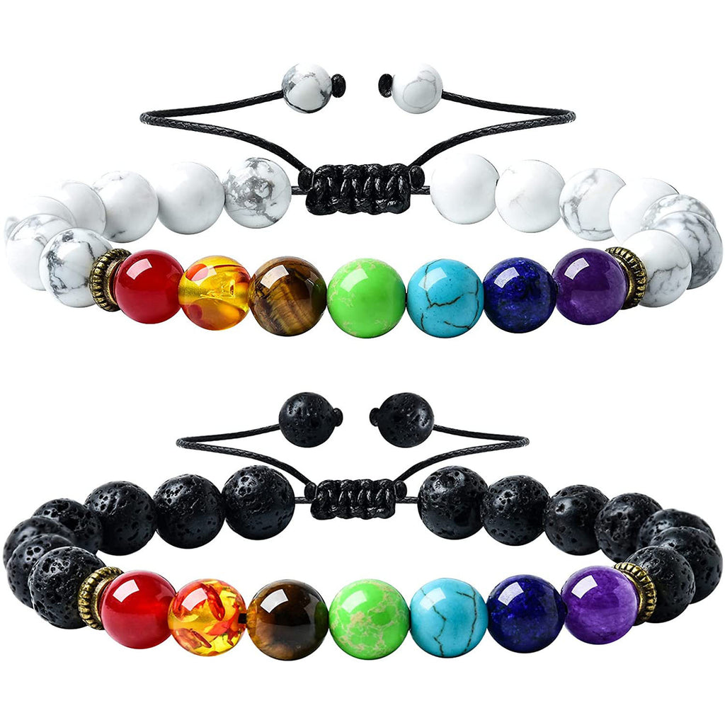 Men's Volcanic Stone Bracelet8mm Natural Stone Beaded Yoga Wheel Elastic Rope White Pine Stone Colorful Braided Bracelet