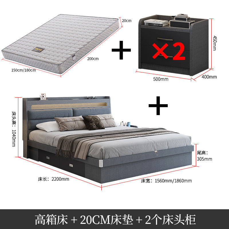 Factory Custom Tech Fabric Bed1.8Gray High Box Storage Bed for Bedroom Double Bed, No Paint Needed, Storage Artifact