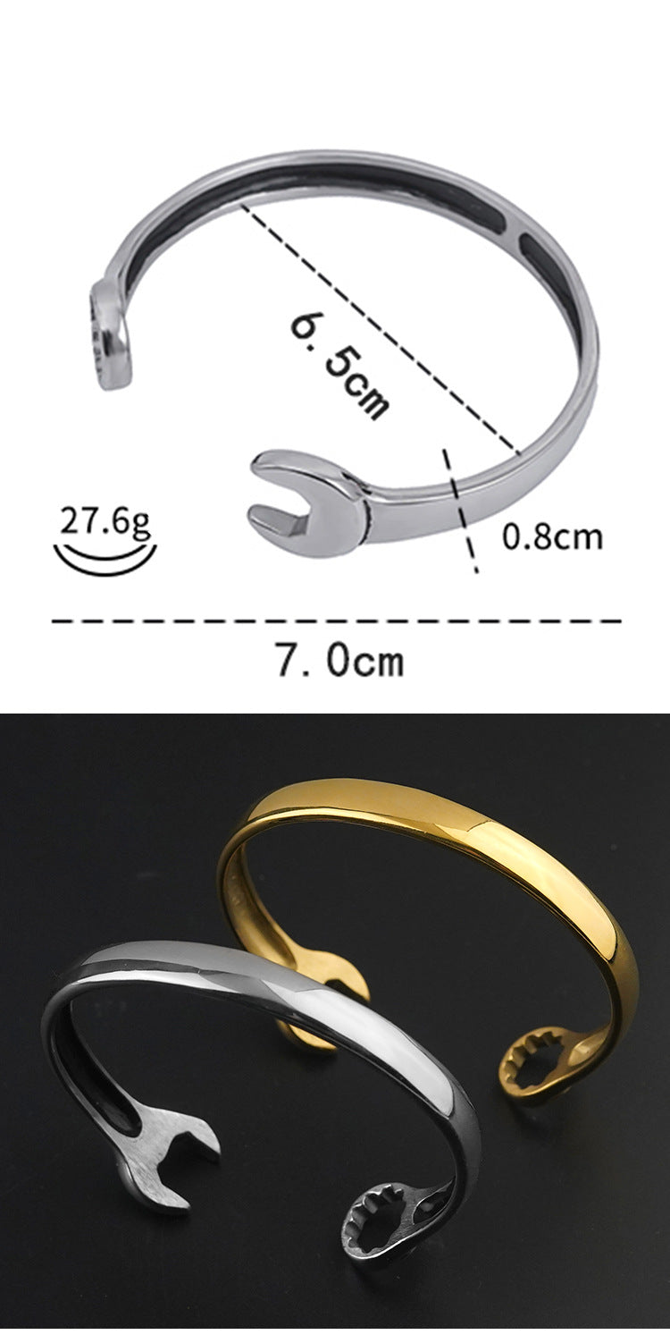 New Titanium Steel Fashion Personality Trendy Cool Men's Personality Open Stainless Steel Wrench Bracelet Factory Direct Sale