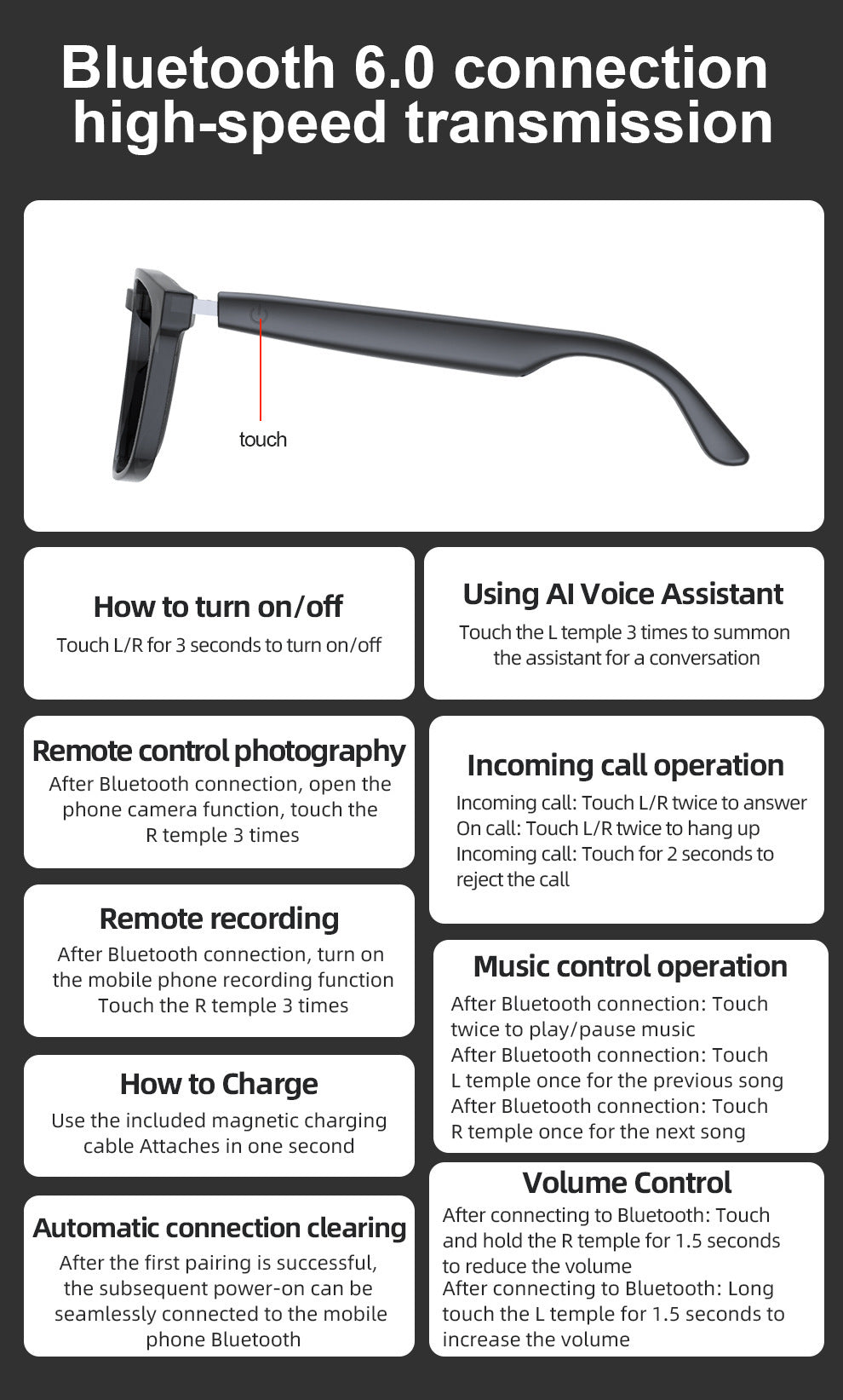 ai Translation Smart Glasses Photochromic Bluetooth Wireless Hands-Free Call Audio Multi-Function Driving Glasses