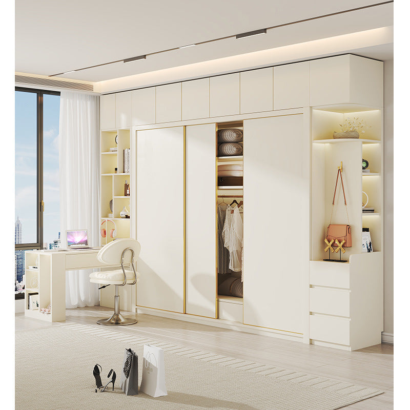 E0European Pine Board Warm White Sliding Door Wardrobe Desk Integrated Set Cream Style Bedroom Home Solid Wood Large Wardrobe