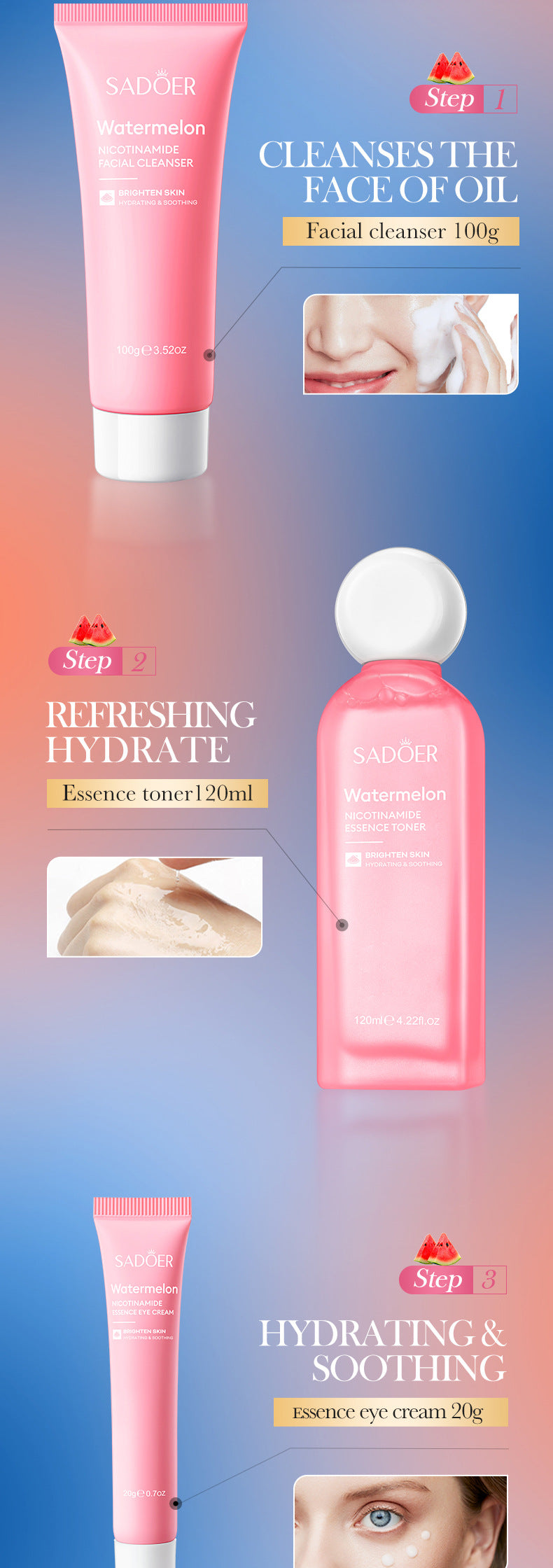 Full English Watermelon Niacinamide Six-Piece Set SADOER Moisturizing and Hydrating Set Box  Wholesale