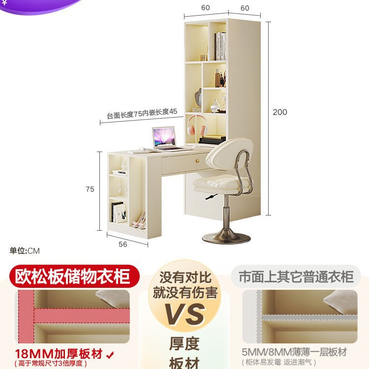 E0European Pine Board Warm White Sliding Door Wardrobe Desk Integrated Set Cream Style Bedroom Home Solid Wood Large Wardrobe