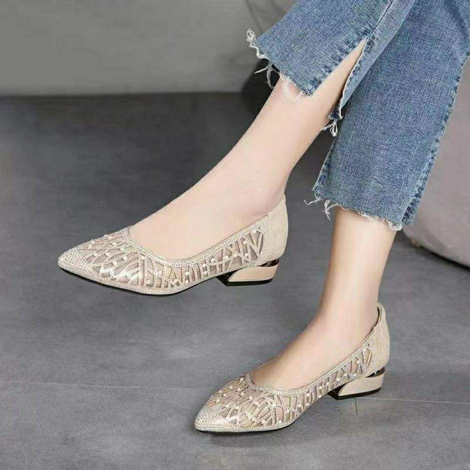 Women's Rhinestone Soft Leather Sandals2025Summer New Flat Hollow Mesh Shoes Shallow Mouth Mesh Single Shoes for Women