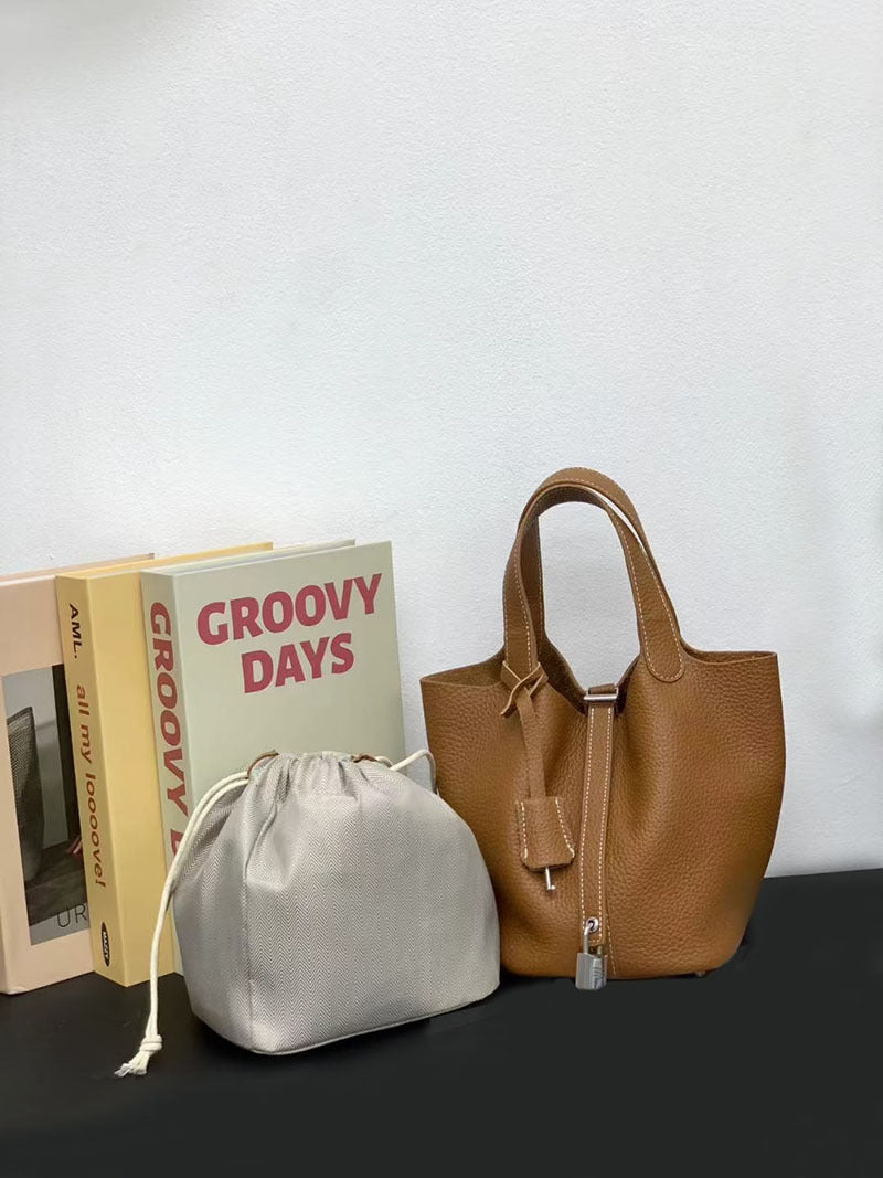 Genuine Leather Basket Bag2024New high-end casual bucket bag for women, top layer cowhide commuter handbag