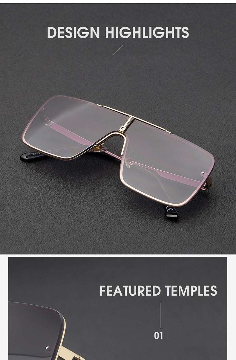 New Large Frame Sunglasses for Men Metal Frame One-piece Fashion Internet Celebrity Square Frame Glasses Trendy Sun Protection Driving Sunglasses