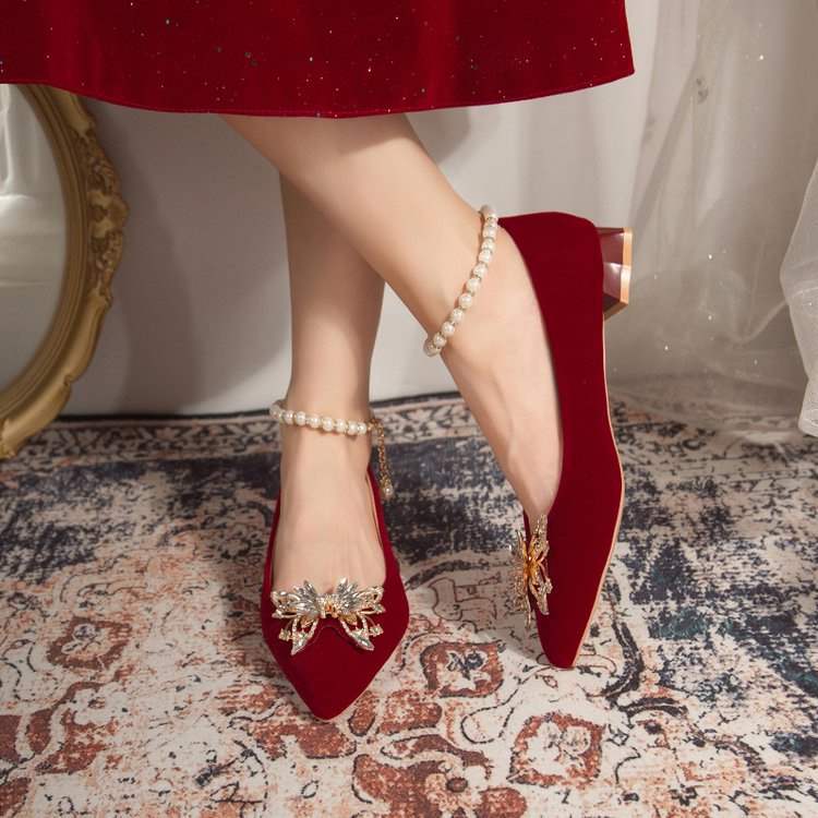 Pointed Elegant Burgundy High Heels2025New Year's New Socialite Bowknot Comfortable Bride Shoes Two-Way Wedding Shoes