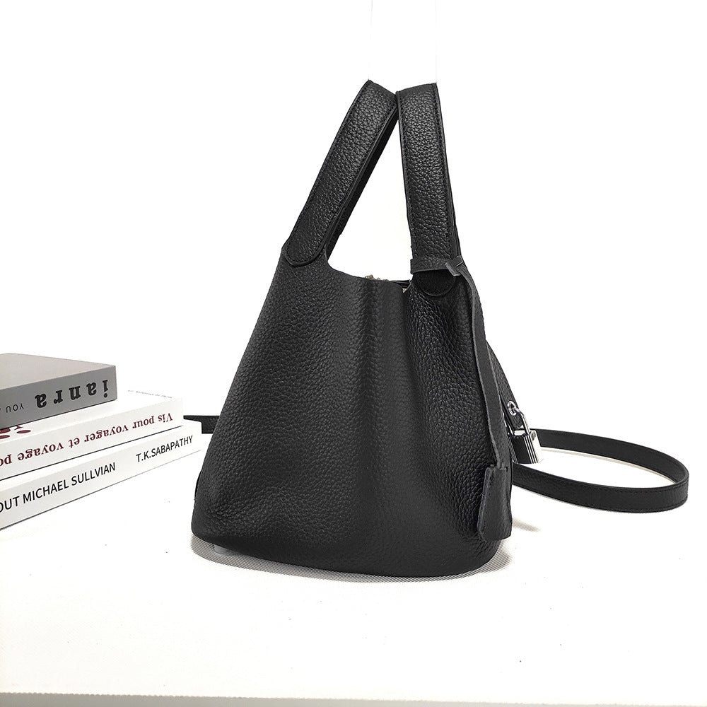 Women's Basket Bag2025New High-End First Layer Cowhide Bucket Bag Casual Handheld Women's Tote Bag Trendy