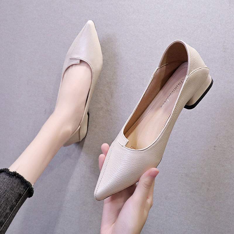 Real Soft Leather Autumn New Style Women's Single Shoes Thick Heel Shallow Mouth High Heels Korean Style Mom Shoes Mid Heel Versatile Grandma Shoes