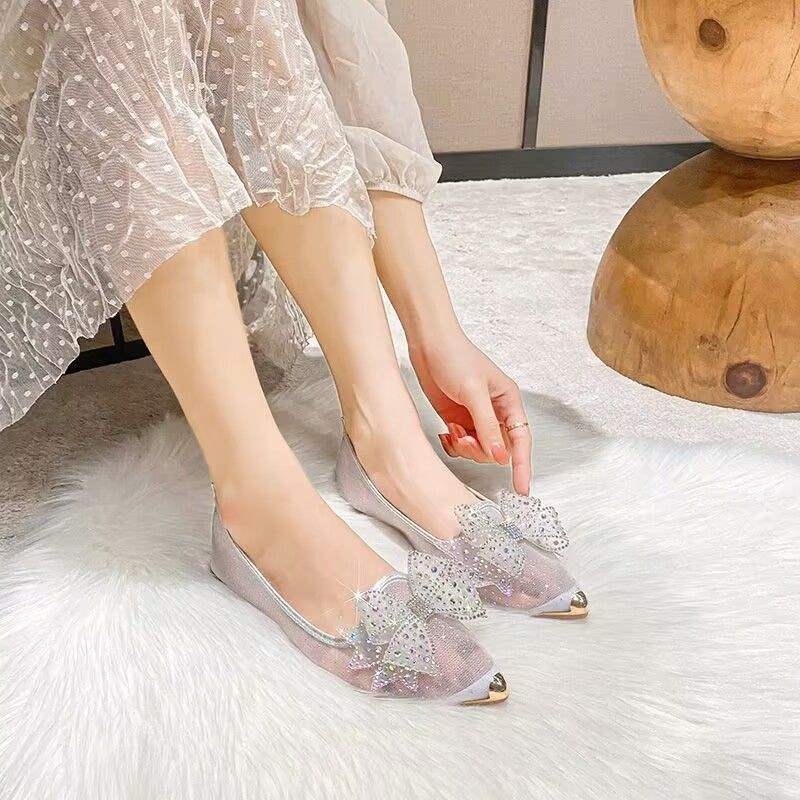 Women's Summer Mesh Single Shoes2025New Rhinestone Bow Gentle Style Lady Shoes Flat Breathable Mesh Shoes Pointed Toe