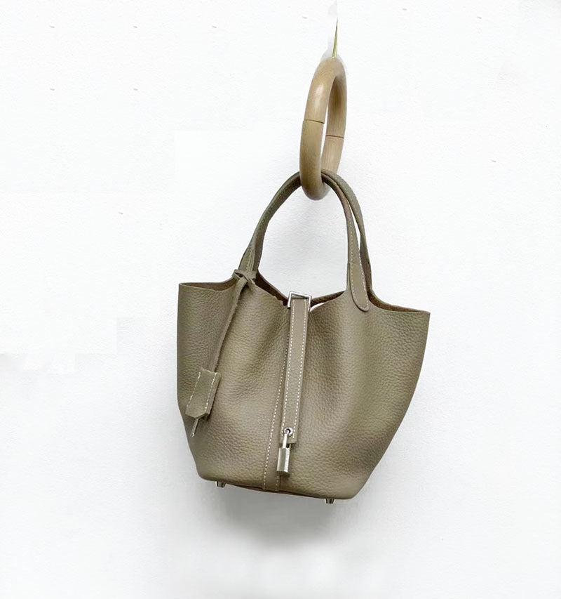 Genuine Leather Basket Bag2024New high-end casual bucket bag for women, top layer cowhide commuter handbag