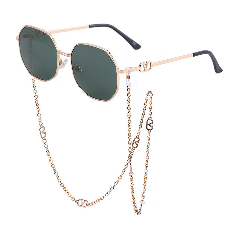Chain Sunglasses for Women, Internet Celebrity Style, Anti-Drop Chain, Irregular Polygonal Full Frame Sunglasses for Women, Trendy