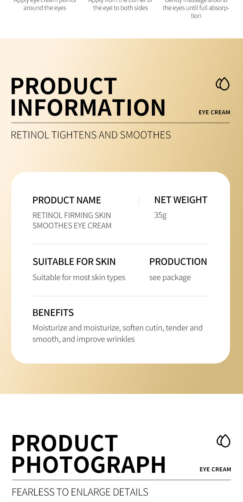 Retinol Eye Cream SADOER Moisturizing and Nourishing, Reduces Dark Circles and Eye Bags, Eye Wrinkles,  Wholesale