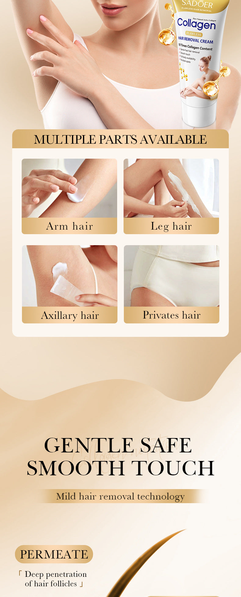 Full English Collagen Gentle Hair Removal Cream SADOER Skin-friendly Non-irritating Underarm Hair Removal Cream  Wholesale