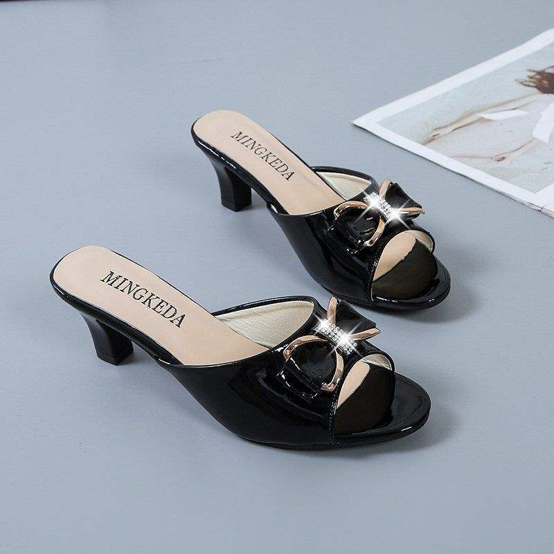 Korean Version Fashion Versatile Bowknot Thin Heel High Heels Women's Outdoor Wear Mid Heel Peep Toe Slippers Large Size Sandals Women's Shoes