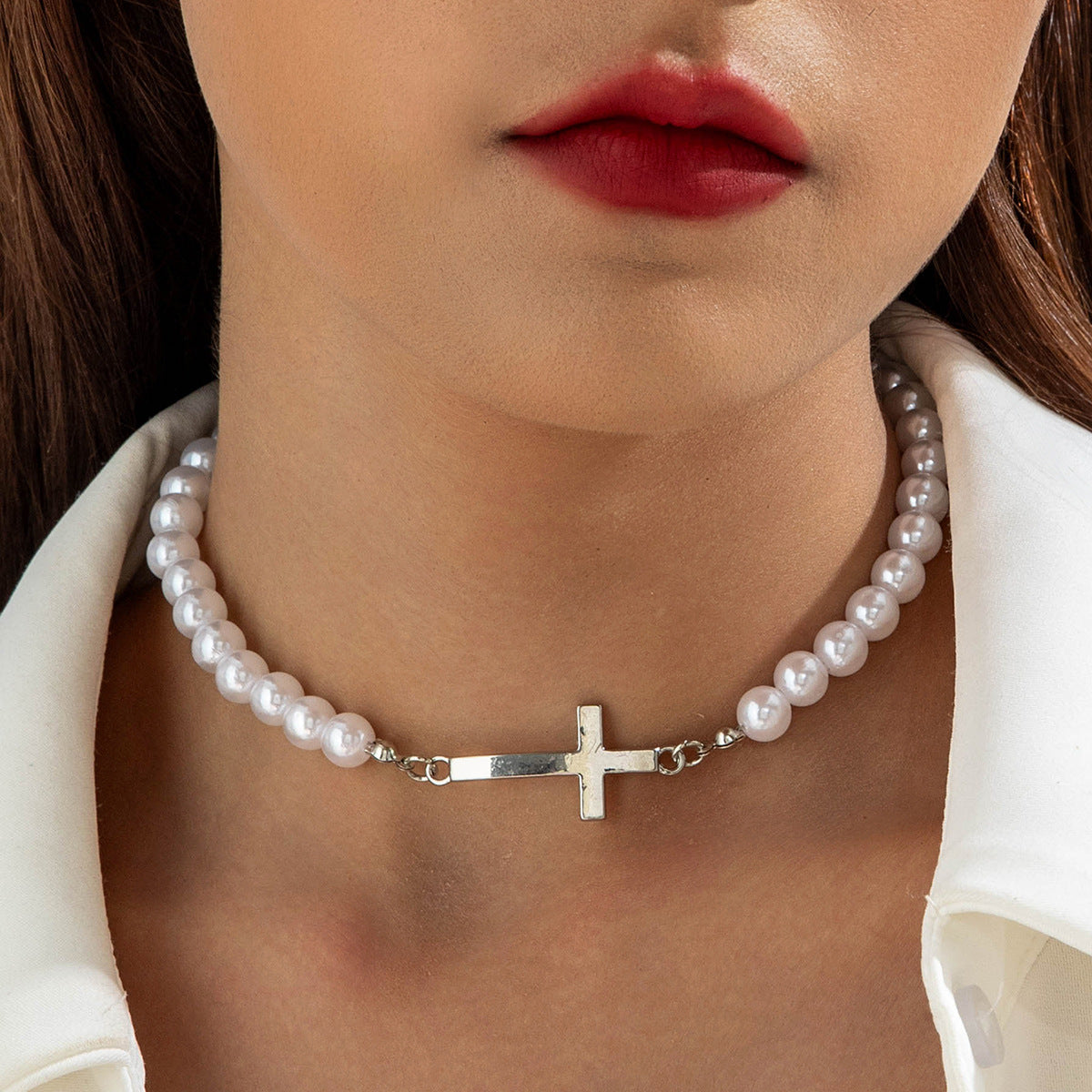 European and American Ornament  Simple Versatile Japanese and Korean Fresh Style Beaded Sugar Cube Round Bead Pearl Necklace Wholesale