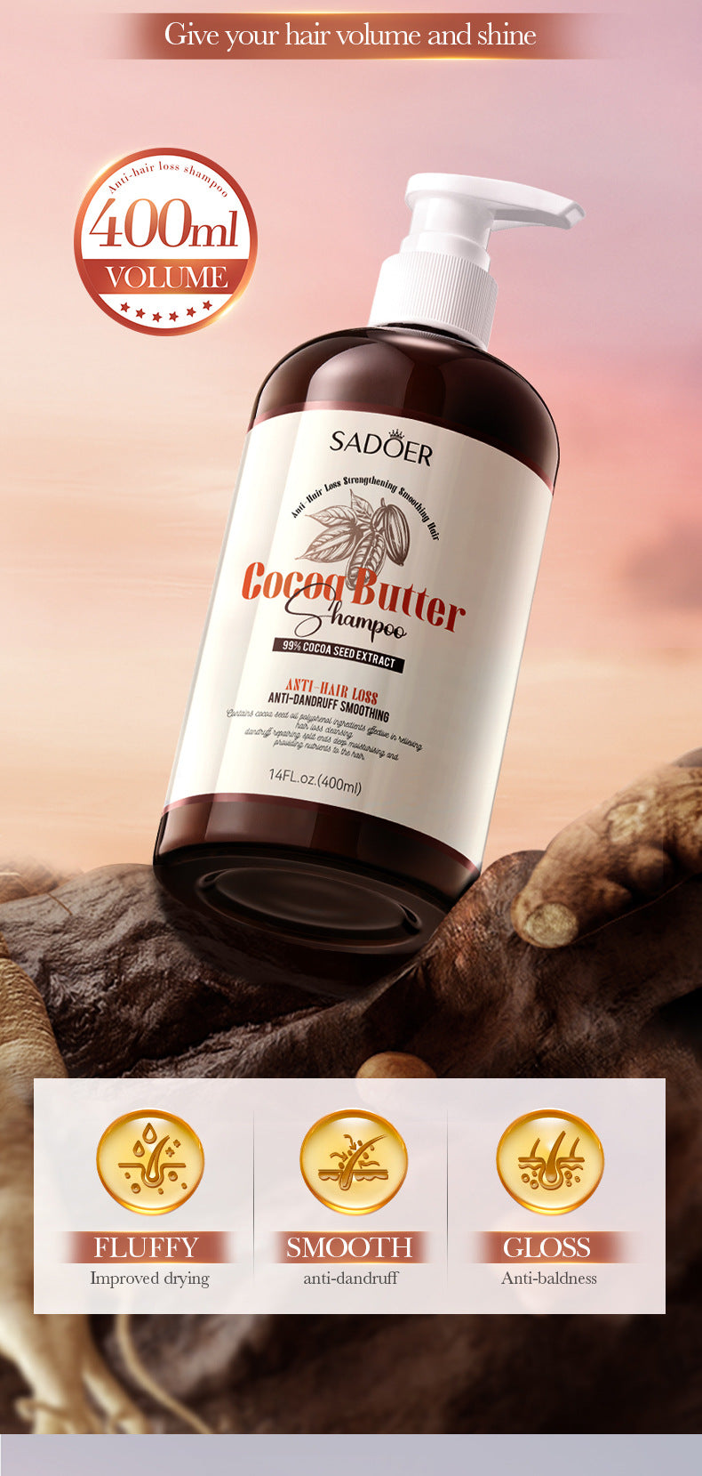 Full English Cocoa Oil Anti-Hair Loss Shampoo SADOER Clean and Smooth Shampoo  Wholesale