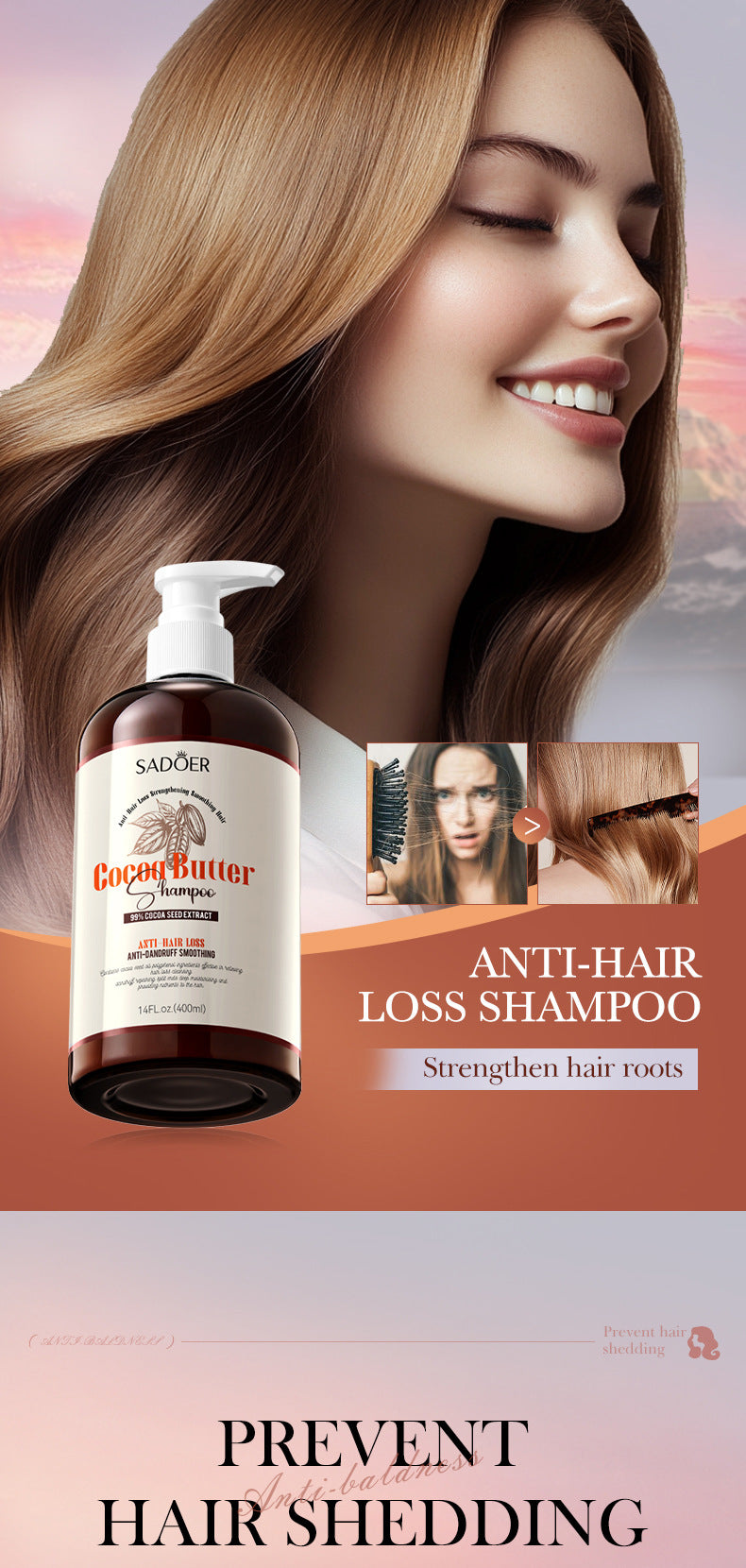 Full English Cocoa Oil Anti-Hair Loss Shampoo SADOER Clean and Smooth Shampoo  Wholesale