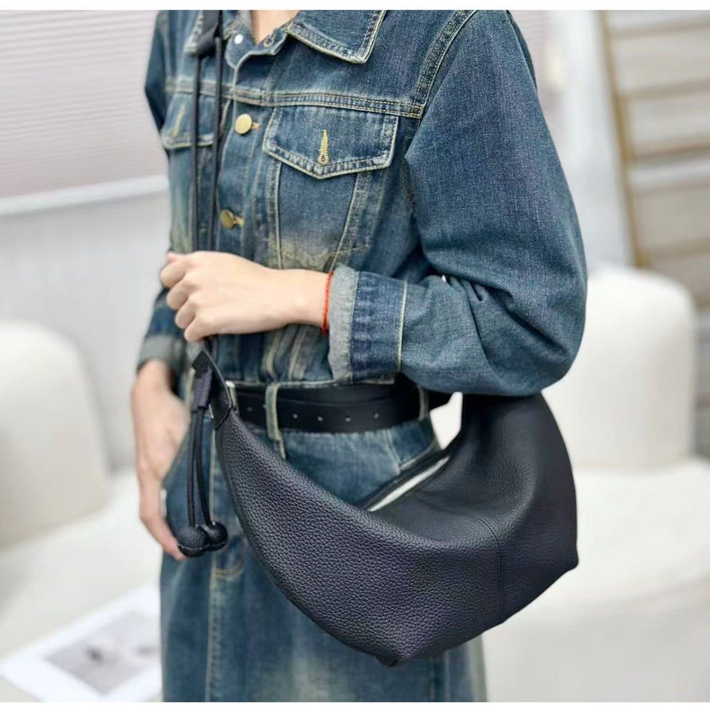 New Genuine Leather Underarm Bag Top Layer Cowhide Horn Dumpling Bag Simple Casual Versatile Single Shoulder Crossbody Bag